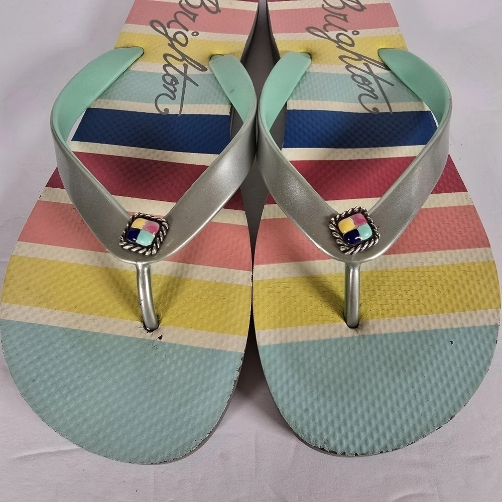 Brighton Colorful Striped Flip Flops With Gems On Top Of Sandals Size 10 Summer